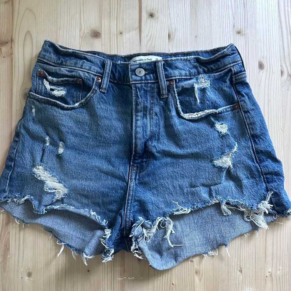 Abercrombie & Fitch The Mom Short high rise blue denim cutoff shorts